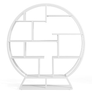 Resenkos Bookshelf, Bookcase Standing Shelf Unts,Round Bookshelf, 63 Inch Etagere Bookcase with Staggered Shelves,White - 1 of 3