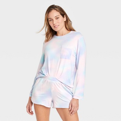Women&#39;s Beautifully Soft Tie-Dye Long Sleeve Top and Shorts Pajama Set - Stars Above&#8482; Blue L