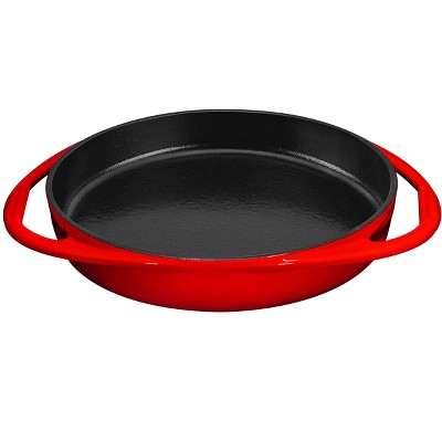 Bruntmor Red Enameled Deep Round Grill Cast Iron Griddle Pan with Glass Lid 10 inch Non-Stick Round Frying Pan Cast Iron Skillet with Double Loop