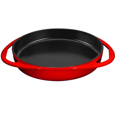 Bruntmor Red Enameled Deep Round Grill Cast Iron Griddle Pan with Glass Lid  10 Inch Non-Stick Round Frying Pan Cast Iron Skillet with Double Loop