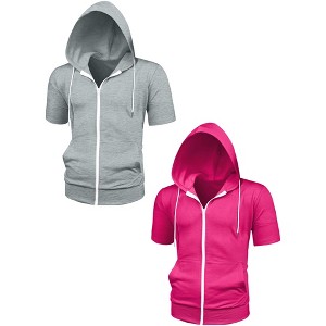 Lars Amadeus Men's Summer Solid Zip Up Lightweight Short Sleeves Hoodies Sweatshirt 2 Packs - 1 of 4