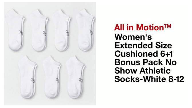 Women's Extended Size Cushioned 6+1 Bonus Pack No Show Athletic Socks - All In Motion™ White, 2 of 8, play video