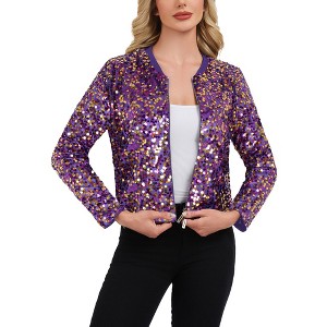 Anna-Kaci Women's Sequin Bomber Jacket with Zipper Front and Ribbed Trim - 1 of 4