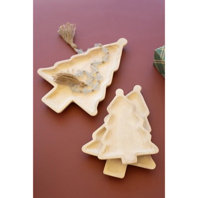 Kalalou Set of Three Carved Wood Christmas Tree Platters – Rustic Holiday Serveware