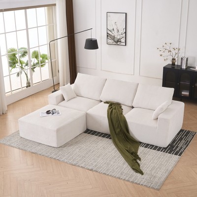 113'' Corduroy L-Shaped Modular Boneless Modern Lounge Sectional Sofa with Chaise, Movable Ottoman, Compression Upholstered and No Assembly