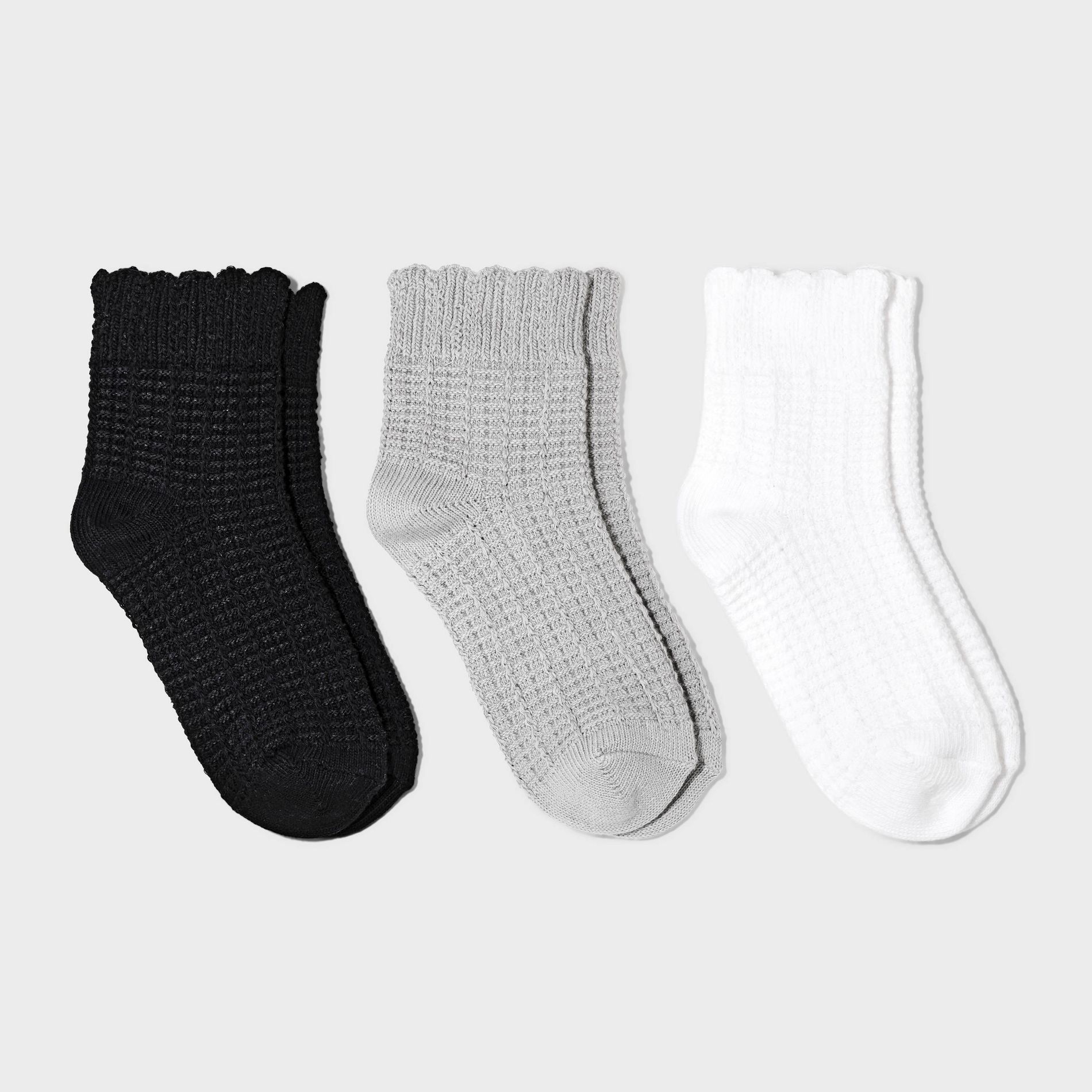 Women's Scallop Edge 3pk Ankle Socks - Universal Thread™ White/Gray/Black 4-10: Lightweight Knit, Ruffle Trim, Tagless Design