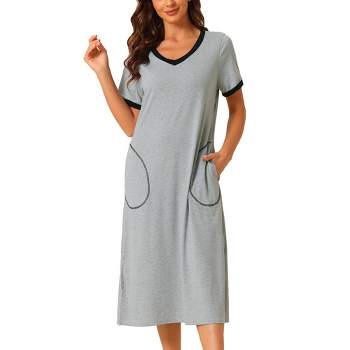 AherBiu Womens Pajamas Night Gown Built in Bra Short Sleeve Pullover  Stripes Solid Comfy Sleepwear Midi Dress 