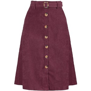 Allegra K Women's High Waist Solid Button Front A-Line Belted Corduroy Midi Skirt - 1 of 4