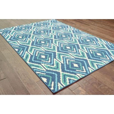 Navy and Green Geometric Synthetic Runner Rug 2.3x7.6
