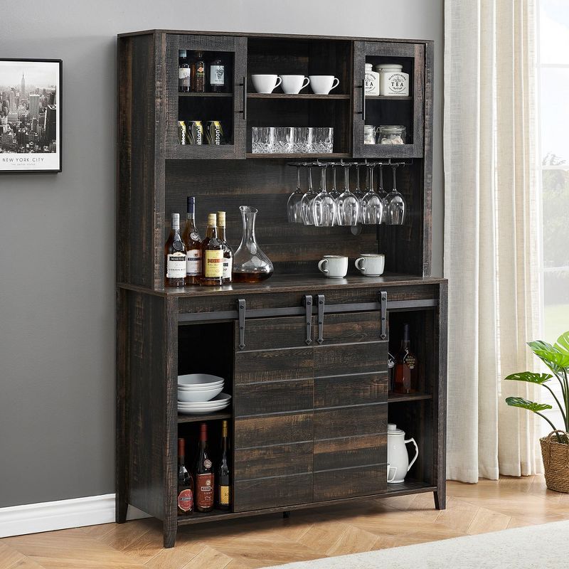 Whizmax Farmhouse Coffee Bar Cabinet with Sliding Barn Doors, Wine&Glasses Rack, Tall Sideboard Buffet Cabinet for Kitchen, Dining Room, 3 of 8