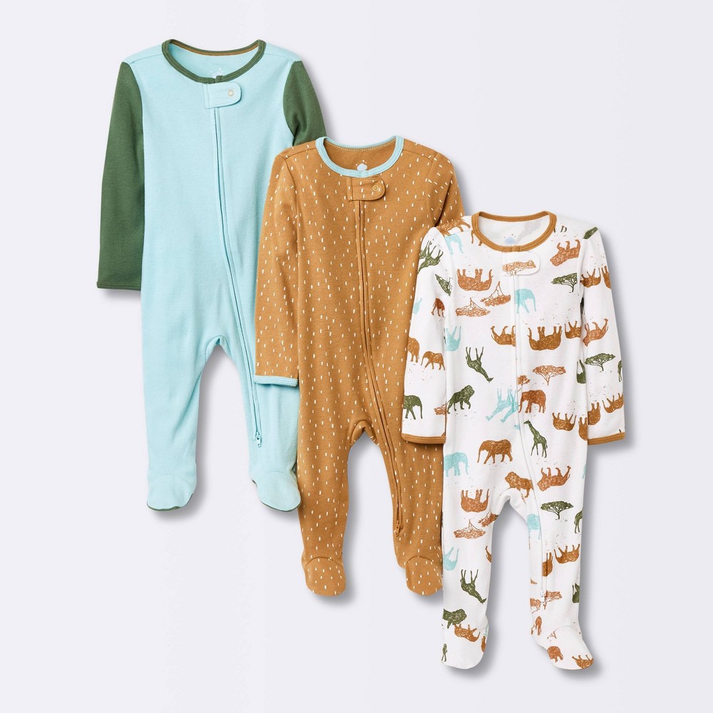 Baby 3pk Sleepy Safari Tight Fit Zip-Up Sleep N' Play - Cloud Island™ Brown 18M