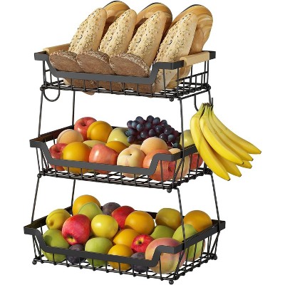 Detachable metal storage basket with wooden handle and hook,suitable for kitchen vegetables,fruits,seasonings,etc