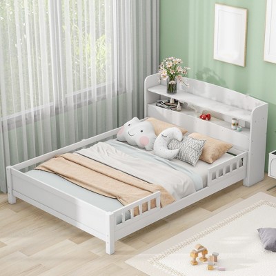 Full Size Platform Bed With Storage Shelves LED Light Headboard Guardrail Platform Bed Frame Support