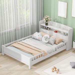 Full Size Platform Bed With Storage Shelves LED Light Headboard Guardrail Platform Bed Frame Support - 1 of 4