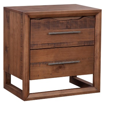 Vynxaria 2-Drawer Nightstand - Mocha Brown Finish, Solid Kiln-Dried Pine, Side Metal Glides, Antique Silver Hammered Hardware, Beveled Platform Base