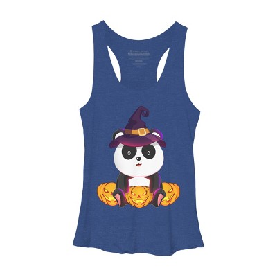 Women's Design By Humans Cute Panda Mock up Witch With Jack O Lantern Halloween T-Shirt By thebeardstudio Racerback Tank Top