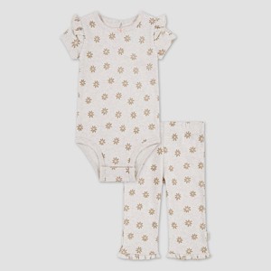 Huggies Baby Girls' Floral Short Sleeve Bodysuit & Pants Set - Tan - 1 of 4