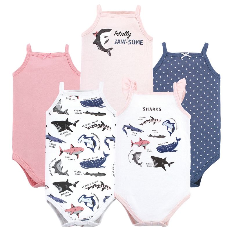 Hudson Baby Infant Girl Cotton Sleeveless Bodysuits, Girl Shark Types, 1 of 9
