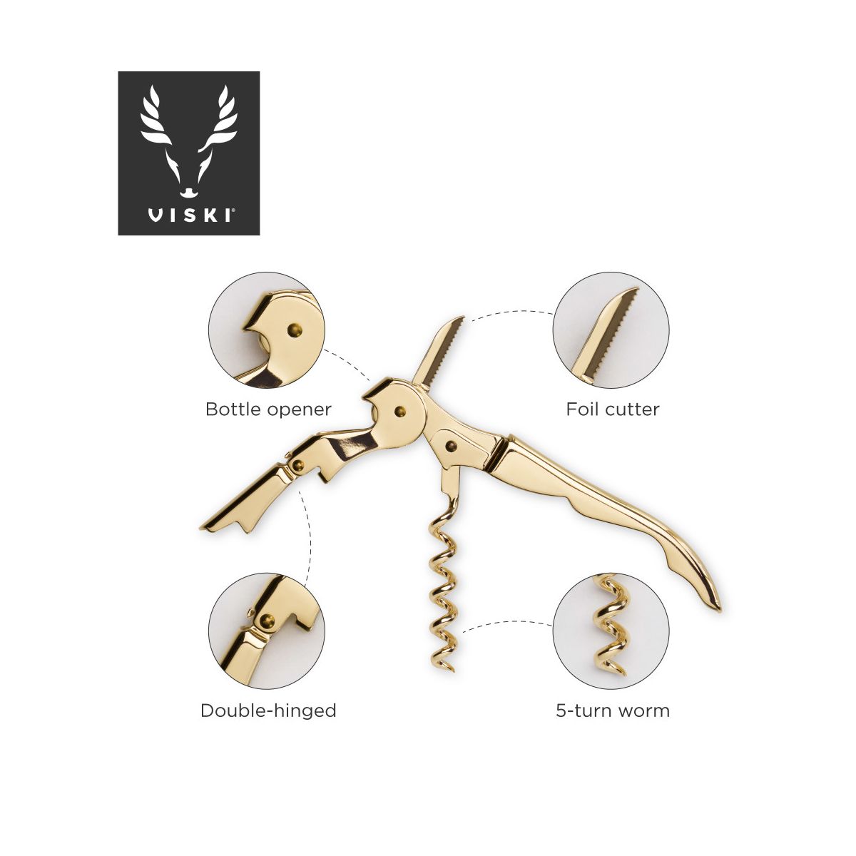 Viski 24k Gold Plated Signature Double Hinged Corkscrew Wine Opener with Foil Cutter, Wine Bottle Opener for Home Bar, Kitchen, Gifts for Wine Lovers - thumbnail 3
