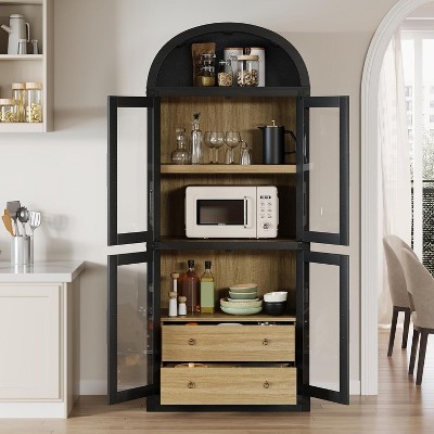 Arched Pantry Cabinet with Doors 71.4in Tall Wood Bookcase with 2 Drawers Farmhouse Kitchen Cupboard Modern Display Storage Cabinet