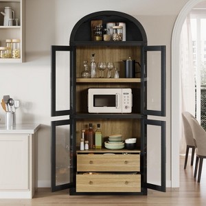 Arched Pantry Cabinet with Doors 71.4in Tall Wood Bookcase with 2 Drawers Farmhouse Kitchen Cupboard Modern Display Storage Cabinet - 1 of 4