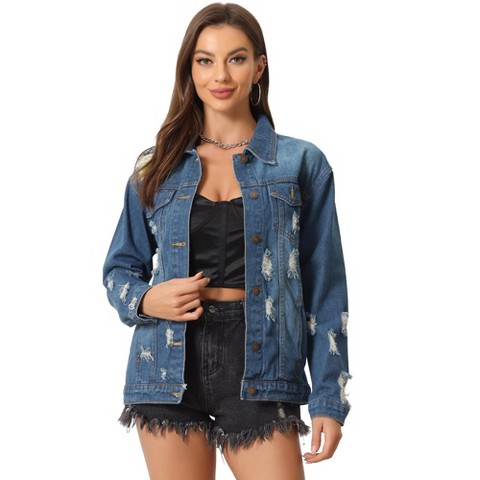 Женские куртки Allegra K Long Sleeve Ripped Distressed Jean Jackets Blue Small