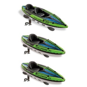 Intex Challenger K2 2 Person Inflatable Kayak and Challenger K1 1 Person Inflatable Kayaks with Aluminum Oars and Hand Pump, (2 Pack) - 1 of 4