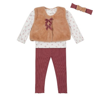 Nicole Miller Baby Girls 4 Piece Faux Fur Vest Set Deco Rose/Candied Ginger