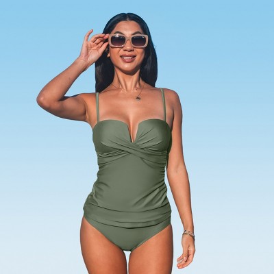 Women's Front Wrapped Mid Waisted Tankini Sets Swimsuit - Cupshe