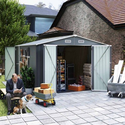 9×11 FT Metal Storage Shed with 3 Lockable Doors and 4 Vents, Outdoor Utility Garden Tool Shed, Steel Waterproof Backyard Storage Shed-Coolbibila
