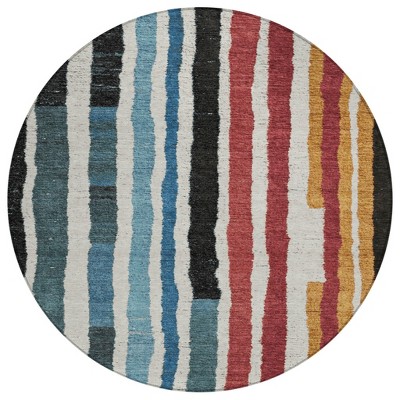 HomeRoots 8' Black Denim Blue And Merlot Round Striped Washable Indoor Outdoor Area Rug