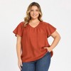 Women's Plus Size Jacquard Texture Smocked Shoulder V Neck Ruffle Sleeve Flowy Summer Casual Blouses - GRACE & GRANDEUR - 4 of 4