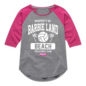 Girls' - Barbie - Property of Barbie Land Beach Volleyball Team Shirt Tail Raglan Graphic T-shirt - 1 of 4
