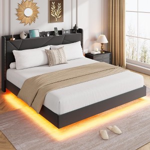 GustoWave Floating Bed Frame, with RGB LED Lights and Charging Station - 1 of 4