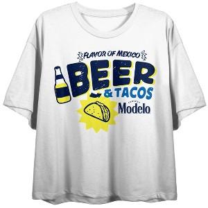 Modelo Flavor of Mexico, Beer & Tacos font, Logo on white Adult Crop Tee - 1 of 4