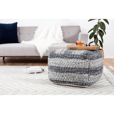Handwoven Striped Gray Pouf Ottoman with Eco-Friendly Bead Fill