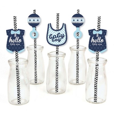 Big Dot of Happiness Hello Little One - Blue and Silver Paper Straw Decor - Boy Baby Shower Striped Decorative Straws - Set of 24