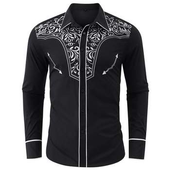 Men's Casual Western Embroidered Cowboy Shirts Button Up Long Sleeve Shirt Floral Design Retro Shirt