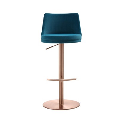 Whiteline Modern Living Carter Barstool, Adjustable Height, Swivel, Blue Velvet Seat, Rose Gold Base