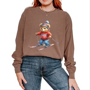 Skiing Bear Watercolor - Women's Garment Dyed Long Sleeve Graphic T-Shirt - 1 of 4
