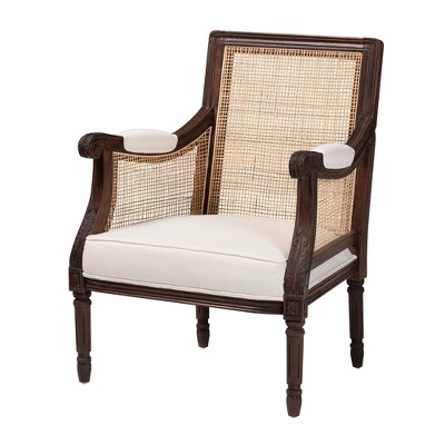 French Provincial Dark Brown Wood and Beige Fabric Accent Chair