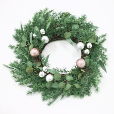 INFURNIC Artificial Trees Pine Needle Wreath with Silver Ornaments for Stylish Holiday Decor, Green, 26"*5"*26"