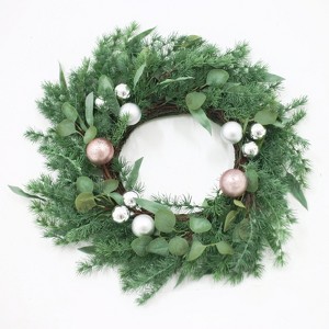 INFURNIC Artificial Trees Pine Needle Wreath with Silver Ornaments for Stylish Holiday Decor, Green, 26"*5"*26" - 1 of 4