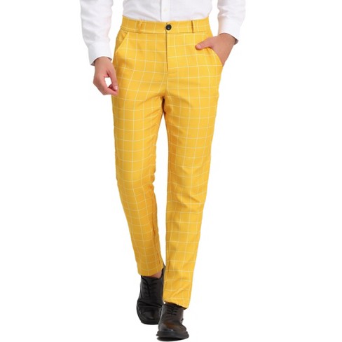 Lars Amadeus Men's Flat Front Unique Plaid Printed Business Dress Pants  Yellow 34