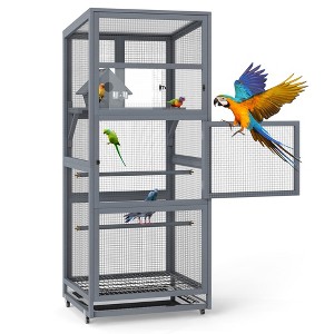 Sandinrayli 68"H Large Wood Bird Cage on Wheels, Outdoor Bird Aviary Indoor Wooden Large Bird Cage Parakeet Cage with Feeder, Gray - 1 of 4