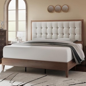 AMERLIFE Wood Platform Bed Frame Upholstered Tufted Headboard, Solid Wood Bed - 1 of 4