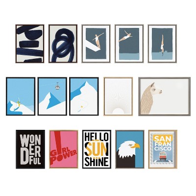 Large Blue Abstract Canvas Wall Art with Brown Frame