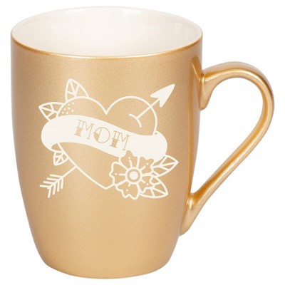 100 North Floral Heart 10 Ounce Vegas Gold Metallic Finish, Comfortably Fits Your Hands, New Bone China Coffee Tea Cup Mug, Mom