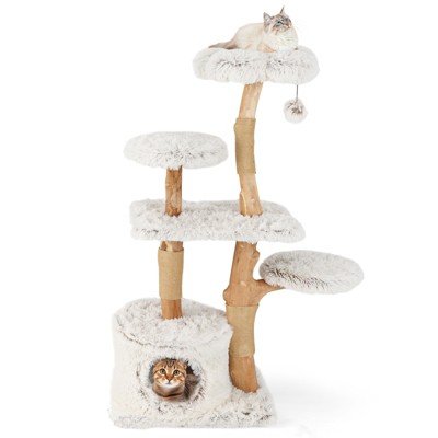 Tangkula 53" Tall Natural Branch Wooden Cat Tower w/ Jute Scratching Posts Plush Perch