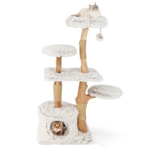 Tangkula 53" Tall Natural Branch Wooden Cat Tower w/ Jute Scratching Posts Plush Perch - 1 of 4